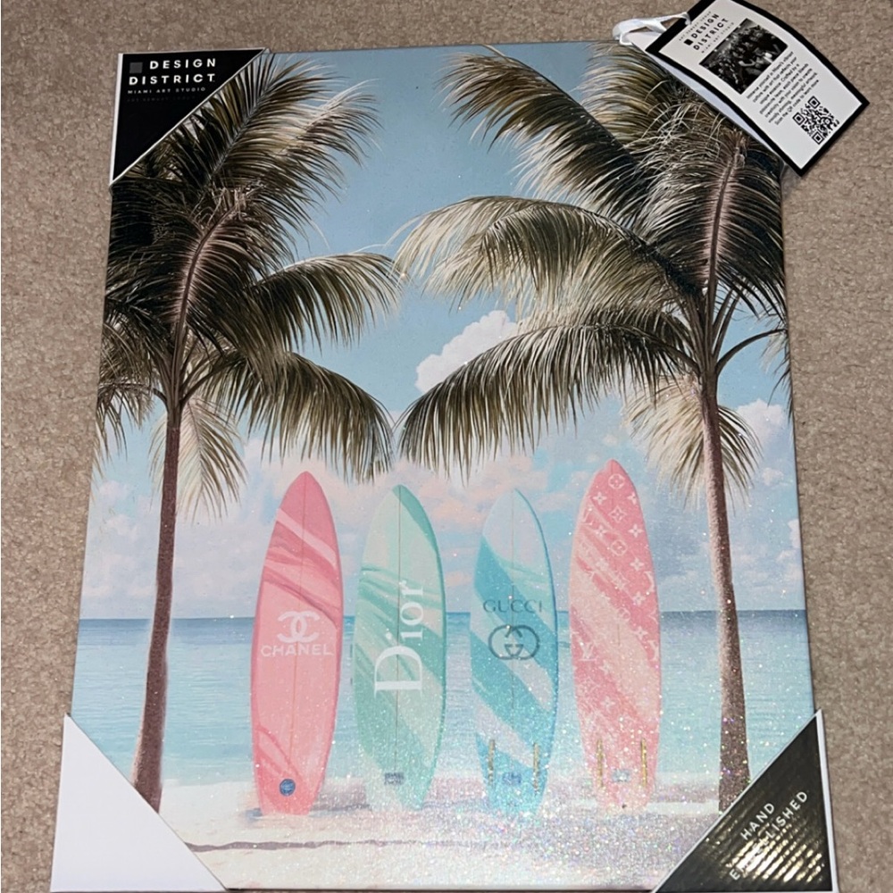 NWT Designer District Luxury Surfboard palm tree canvas painting Girly wall art
